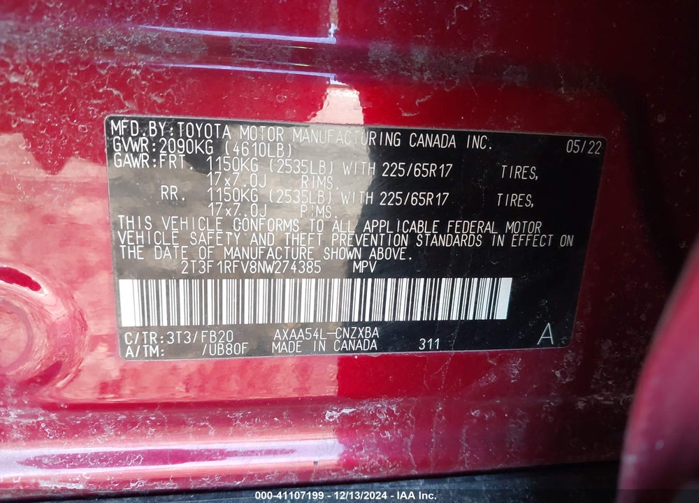 2022 TOYOTA RAV4 LE VIN: 2T3F1RFV8NW274385