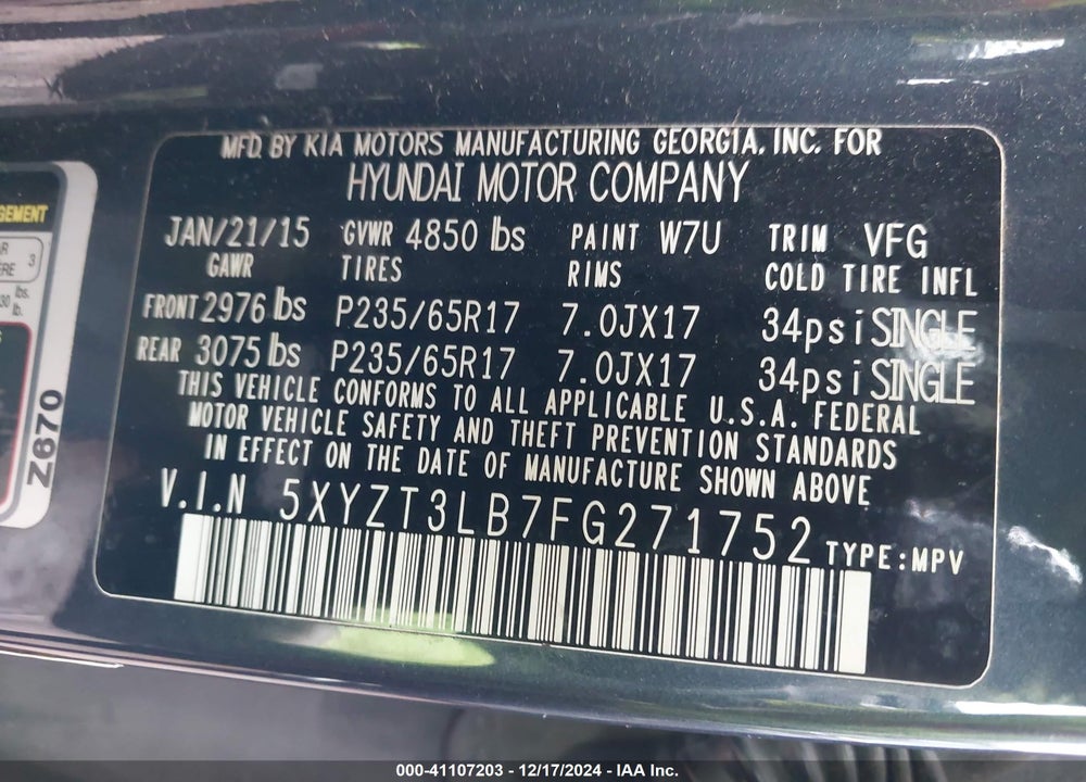 2015 HYUNDAI SANTA FE SPORT 2.4L VIN: 5XYZT3LB7FG271752