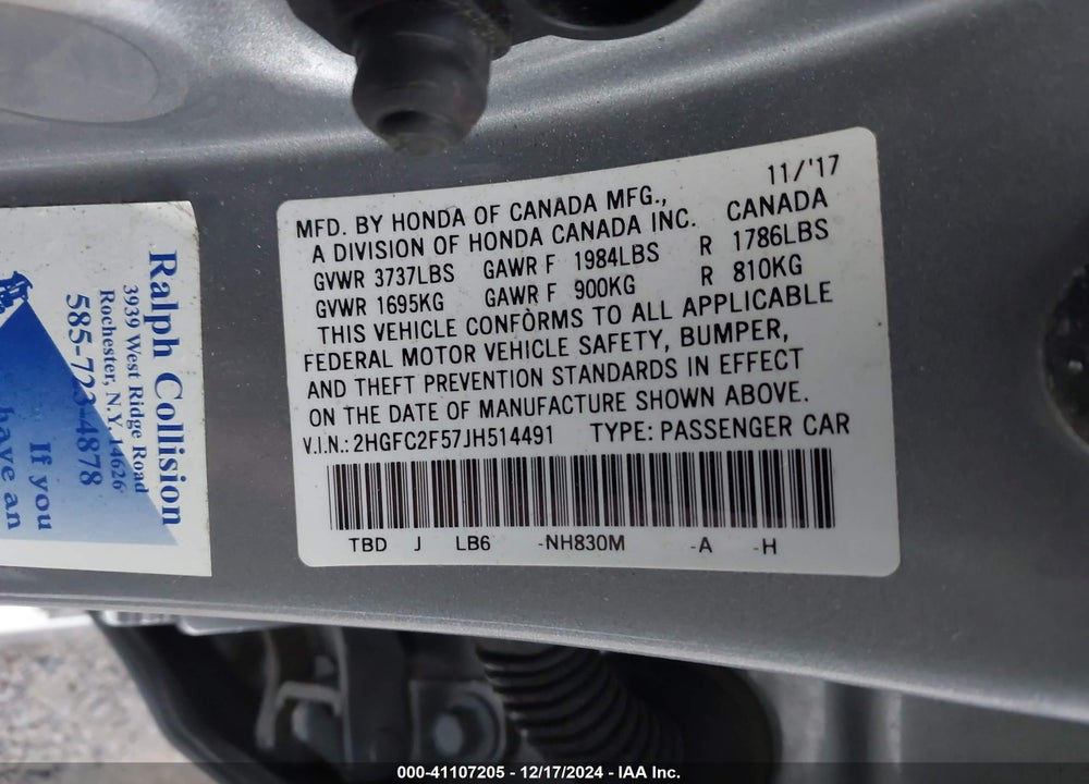 2018 HONDA CIVIC LX VIN: 2HGFC2F57JH514491