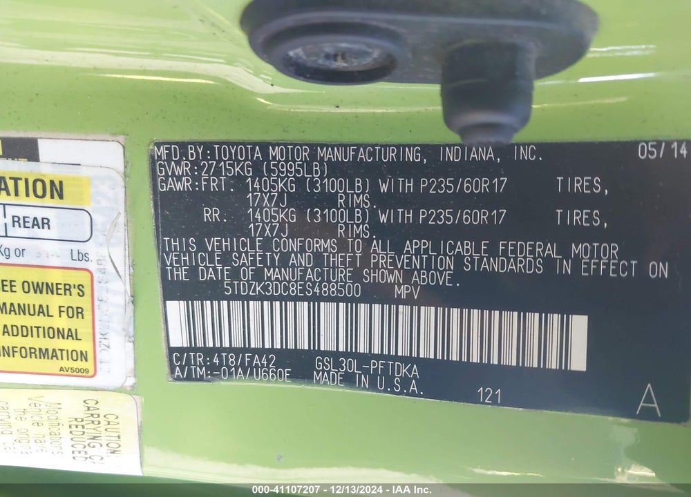 2014 TOYOTA SIENNA L V6 7 PASSENGER VIN: 5TDZK3DC8ES488500