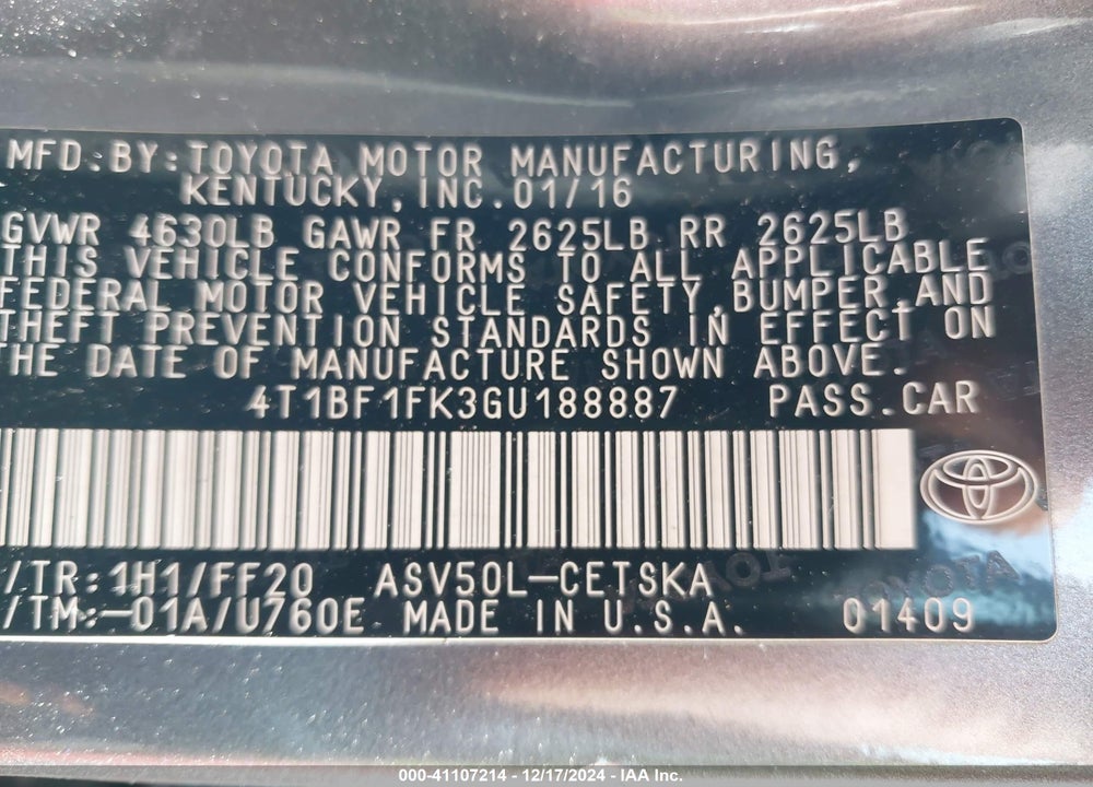 2016 TOYOTA CAMRY SE VIN: 4T1BF1FK3GU188887