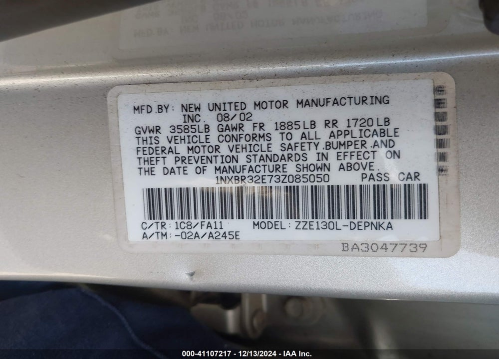 2003 TOYOTA COROLLA LE VIN: 1NXBR32E73Z085050