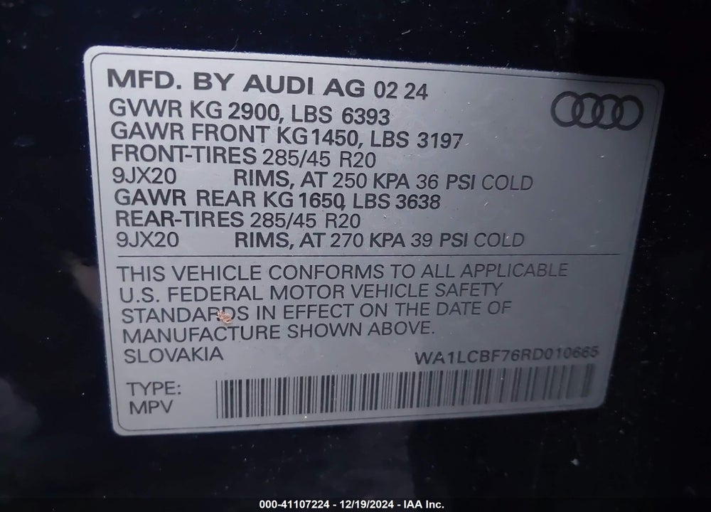 2024 AUDI Q7 PREMIUM PLUS 45 TFSI QUATTRO TIPTRONIC VIN: WA1LCBF76RD010665