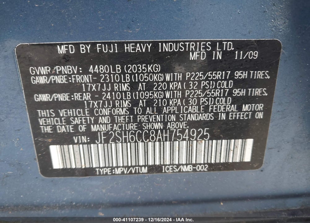 2010 SUBARU FORESTER 2.5X PREMIUM VIN: JF2SH6CC8AH754925