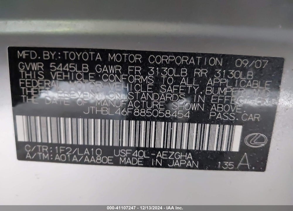 2008 LEXUS LS 460 VIN: JTHBL46F885058454