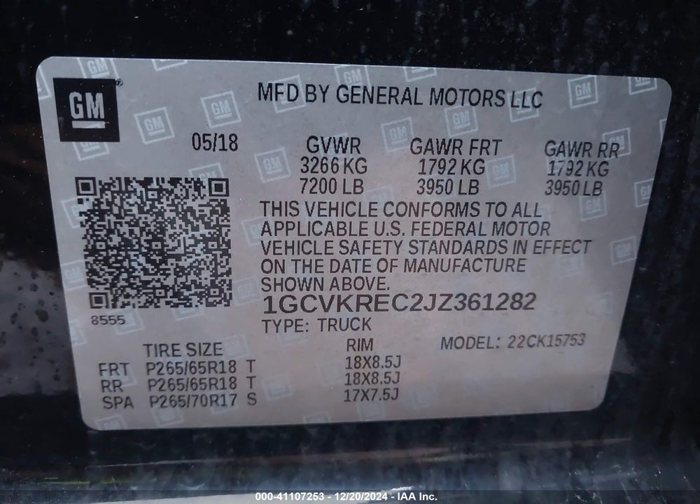 2018 CHEVROLET SILVERADO 1500 2LT VIN: 1GCVKREC2JZ361282