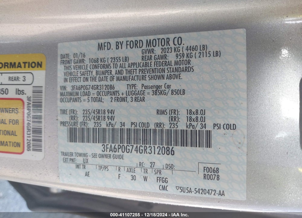 2016 FORD FUSION S VIN: 3FA6P0G74GR312086
