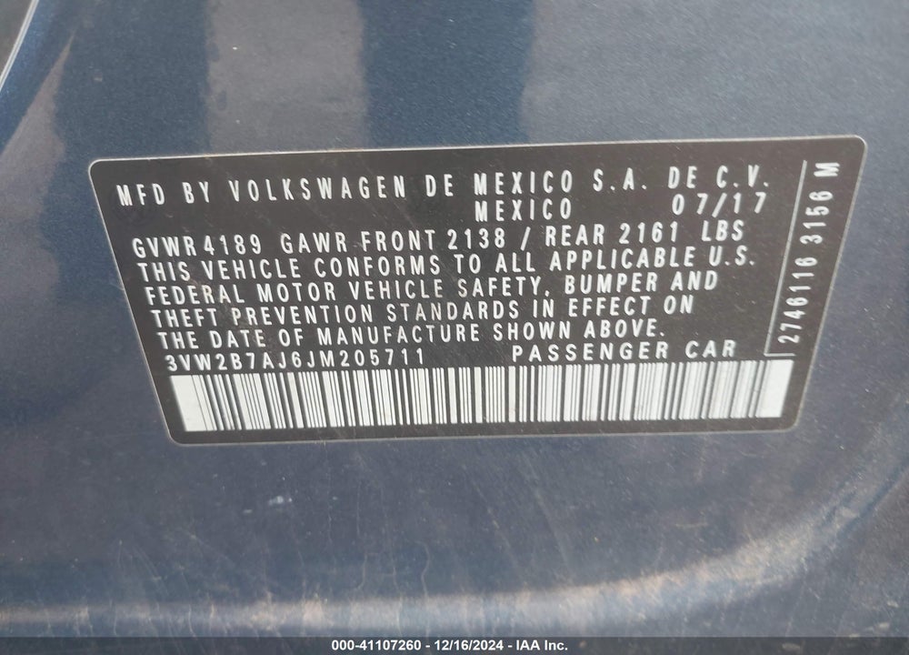 2018 VOLKSWAGEN JETTA VIN: 3VW2B7AJ6JM205711