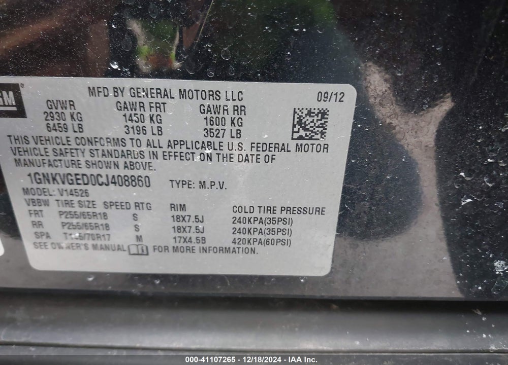 2012 CHEVROLET TRAVERSE 1LT VIN: 1GNKVGED0CJ408860