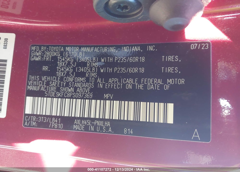2023 TOYOTA SIENNA VIN: 5TDESKFC8PS097369