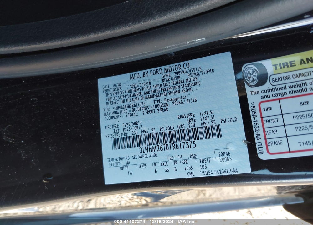 2007 LINCOLN MKZ VIN: 3LNHM26T07R617375