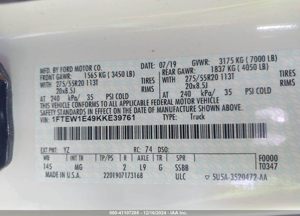 2019 FORD F-150 XLT VIN: 1FTEW1E49KKE39761