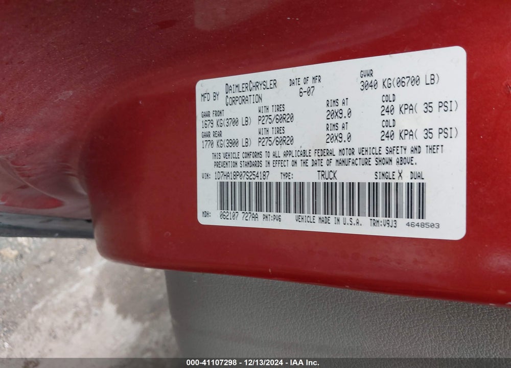 2007 DODGE RAM 1500 SLT VIN: 1D7HA18P07S254187