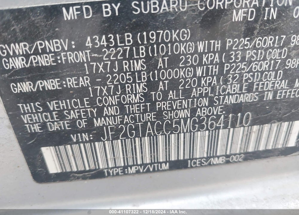 2021 SUBARU CROSSTREK VIN: JF2GTACC5MG364110