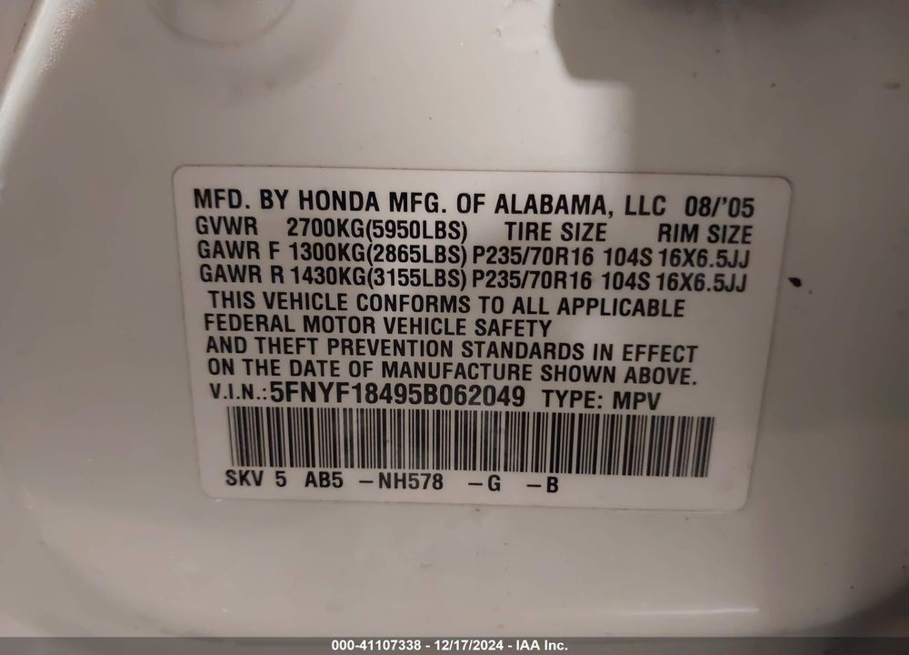 2005 HONDA PILOT EX VIN: 5FNYF18495B062049