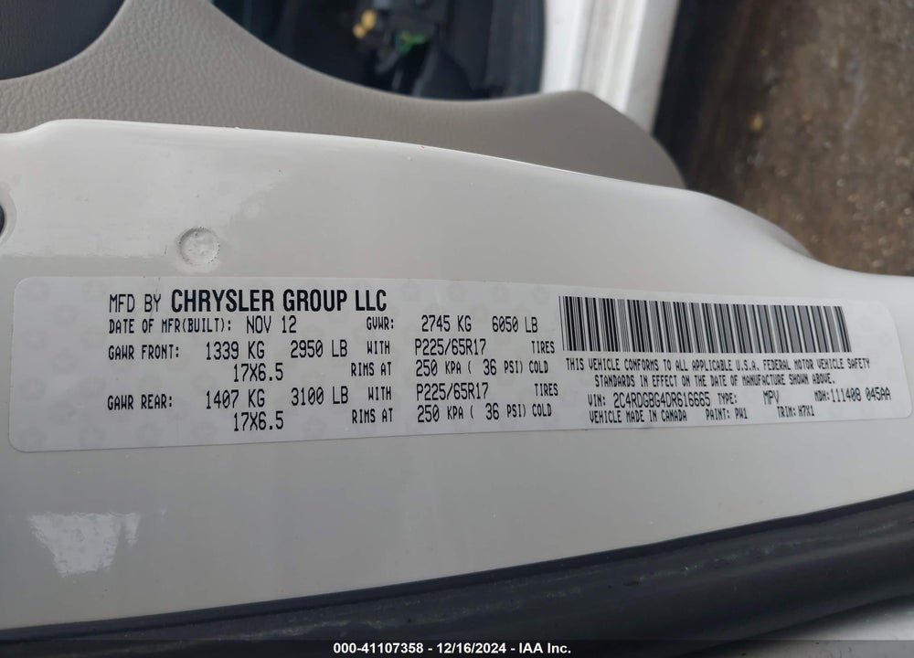 2013 DODGE GRAND CARAVAN SE VIN: 2C4RDGBG4DR616665