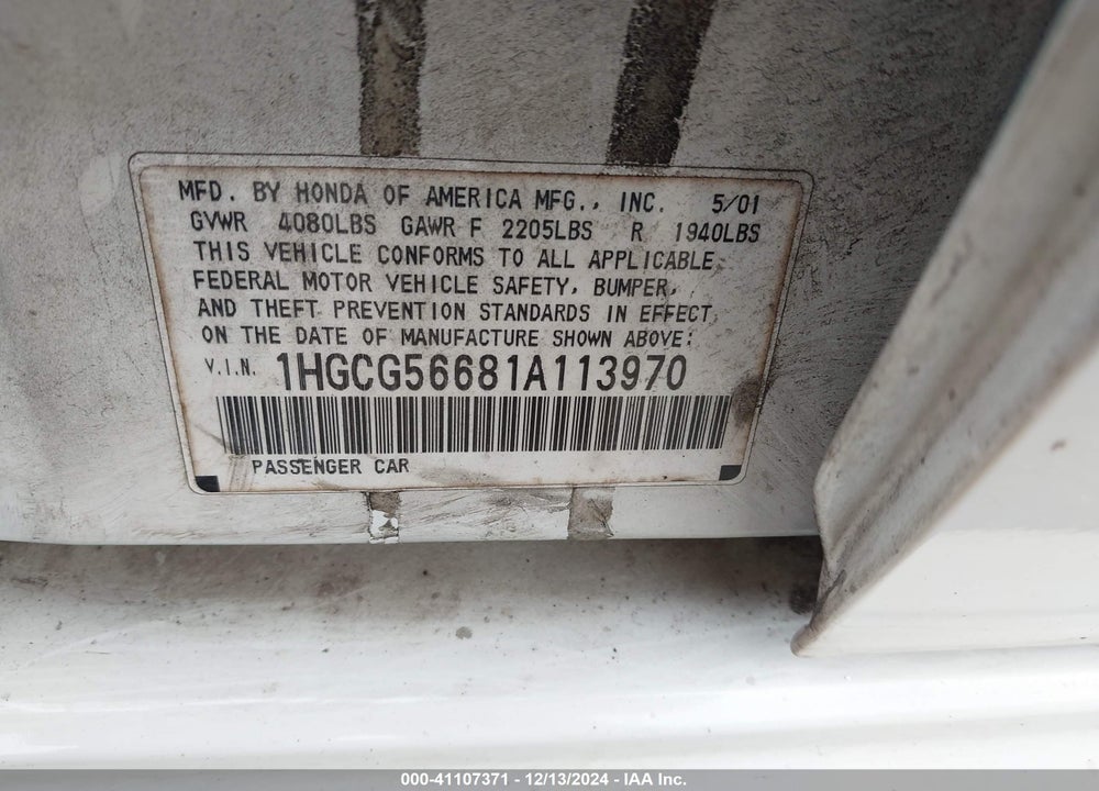 2001 HONDA ACCORD 2.3 EX VIN: 1HGCG56681A113970