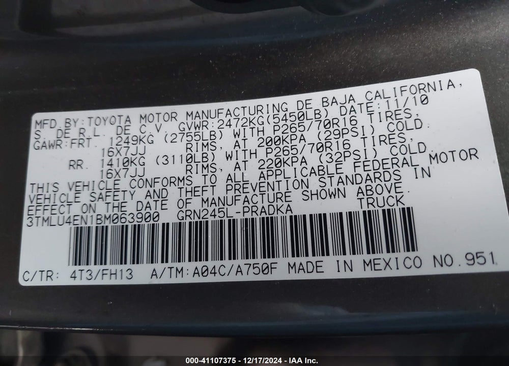 2011 TOYOTA TACOMA DOUBLE CAB VIN: 3TMLU4EN1BM063900