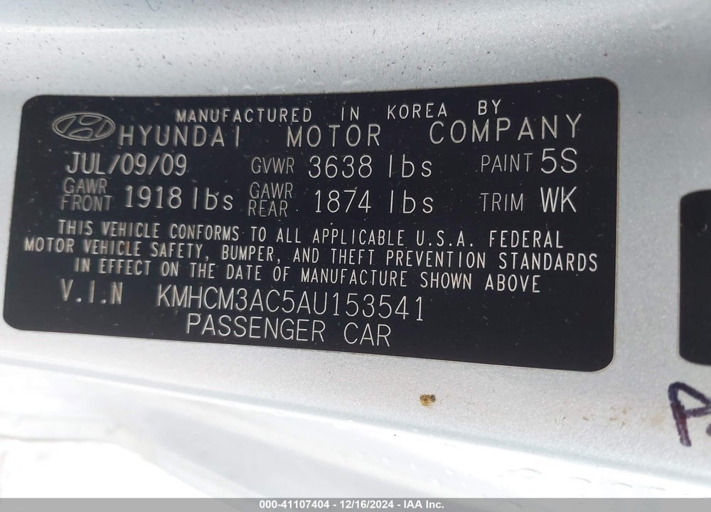 2010 HYUNDAI ACCENT GS VIN: KMHCM3AC5AU153541