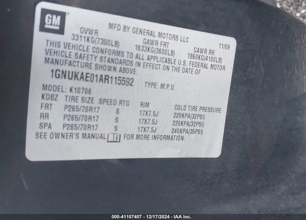 2010 CHEVROLET TAHOE LS VIN: 1GNUKAE01AR115592