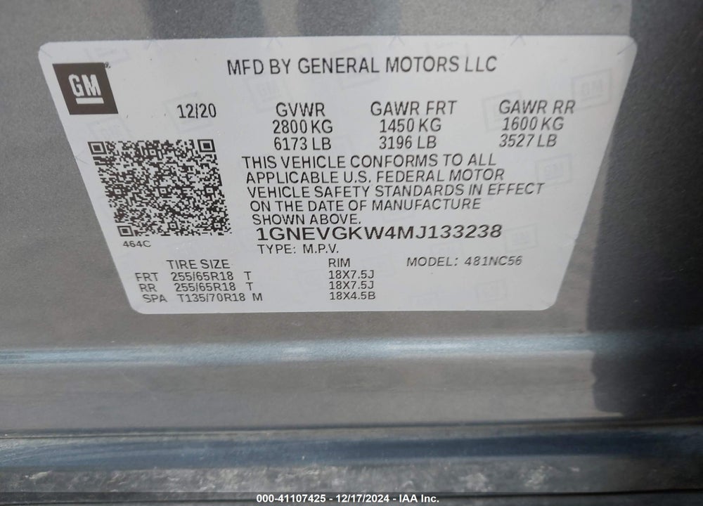 2021 CHEVROLET TRAVERSE AWD LT CLOTH VIN: 1GNEVGKW4MJ133238
