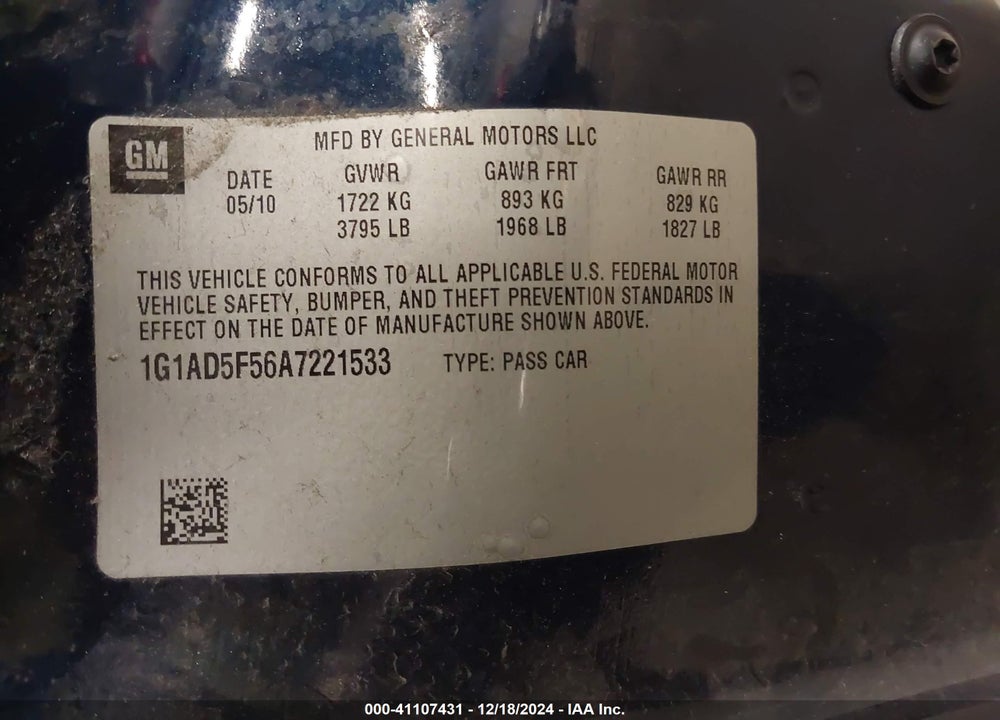 2010 CHEVROLET COBALT LT VIN: 1G1AD5F56A7221533