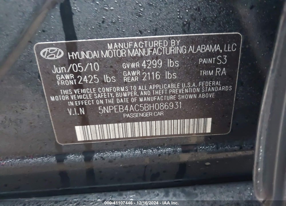2011 HYUNDAI SONATA VIN: 5NPEB4AC5BH086931