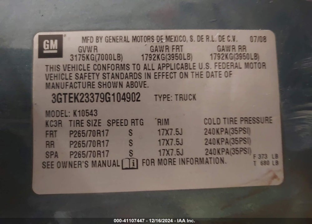 2009 GMC SIERRA 1500 SLE VIN: 3GTEK23379G104902