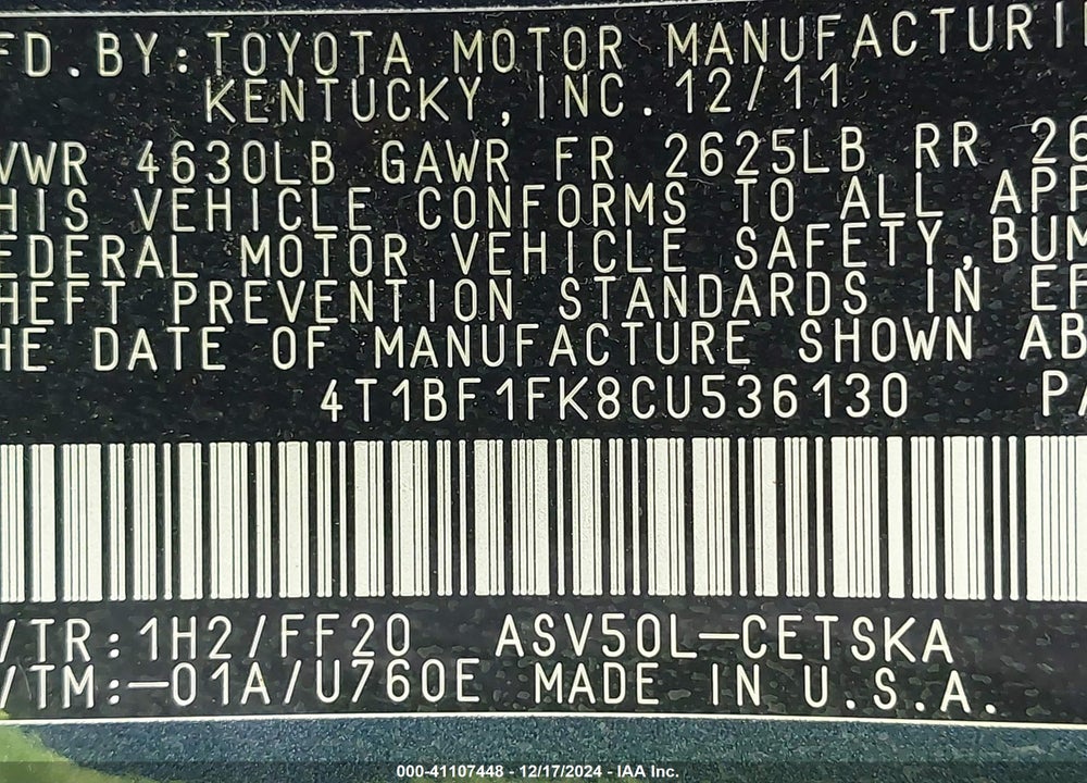 2012 TOYOTA CAMRY VIN: 4T1BF1FK8CU536130