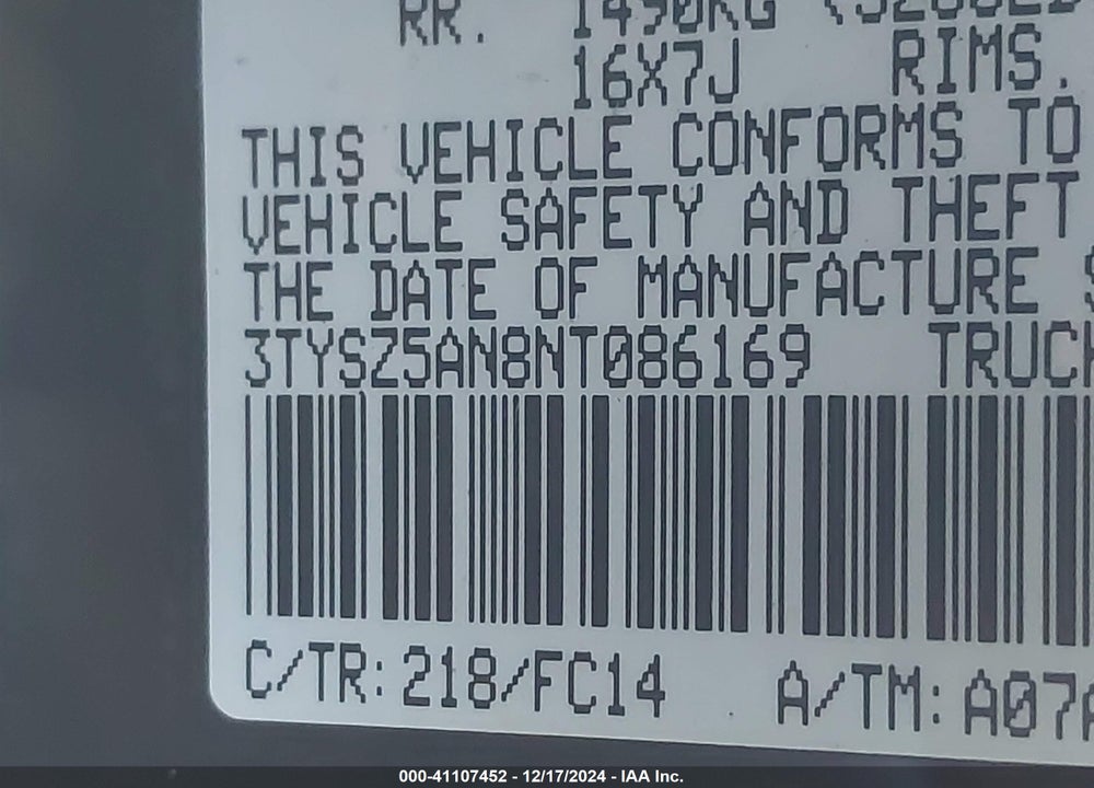 2022 TOYOTA TACOMA VIN: 3TYSZ5AN8NT086169