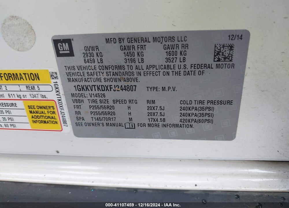 2015 GMC ACADIA DENALI VIN: 1GKKVTKDXFJ244807