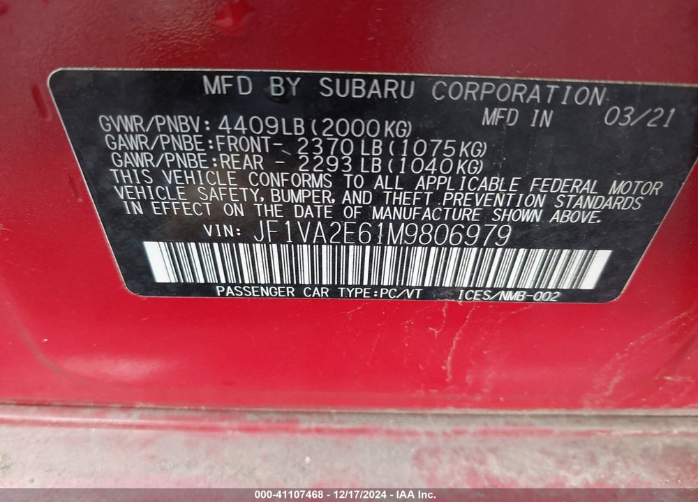 2021 SUBARU WRX STI VIN: JF1VA2E61M9806979