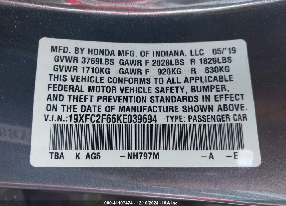 2019 HONDA CIVIC LX VIN: 19XFC2F66KE039694