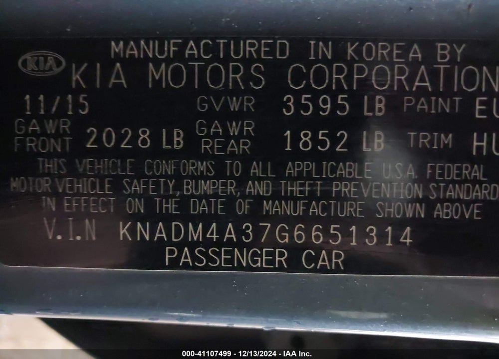 2016 KIA RIO VIN: KNADM4A37G6651314