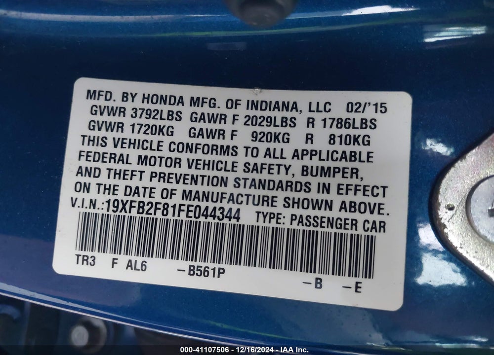 2015 HONDA CIVIC EX VIN: 19XFB2F81FE044344