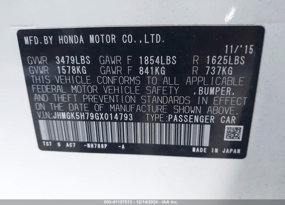 2016 HONDA FIT EX VIN: JHMGK5H79GX014793