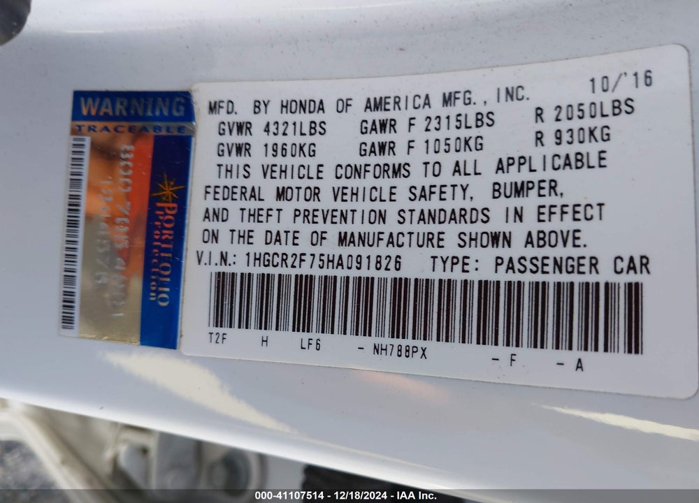 2017 HONDA ACCORD EX VIN: 1HGCR2F75HA091826