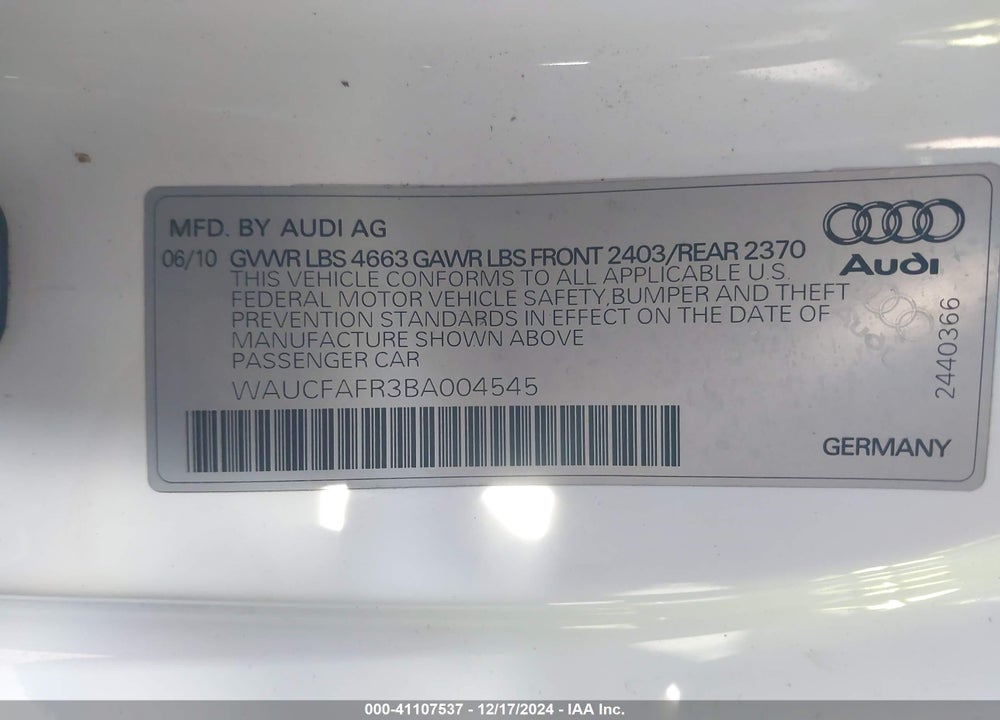 2011 AUDI A5 VIN: WAUCFAFR3BA004545