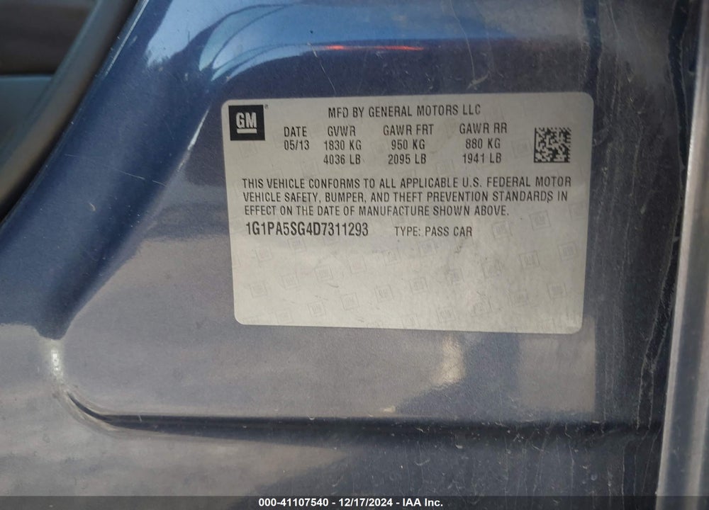 2013 CHEVROLET CRUZE VIN: 1G1PA5SG4D7311293