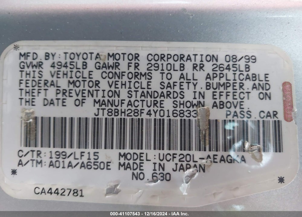 2000 LEXUS LS 400 VIN: JT8BH28F4Y0168336