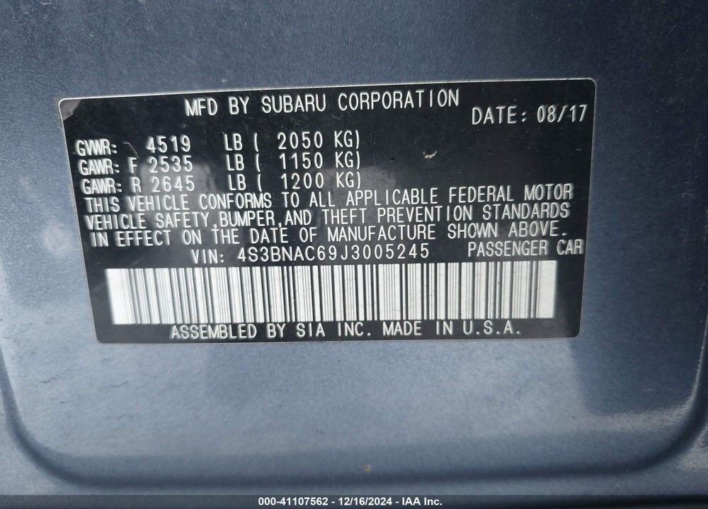 2018 SUBARU LEGACY 2.5I PREMIUM VIN: 4S3BNAC69J3005245