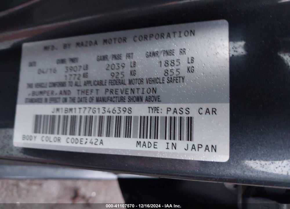 2016 MAZDA MAZDA3 VIN: JM1BM1T77G1346398