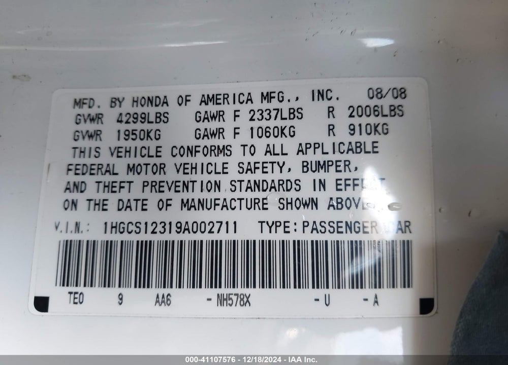 2009 HONDA ACCORD 2.4 LX-S VIN: 1HGCS12319A002711
