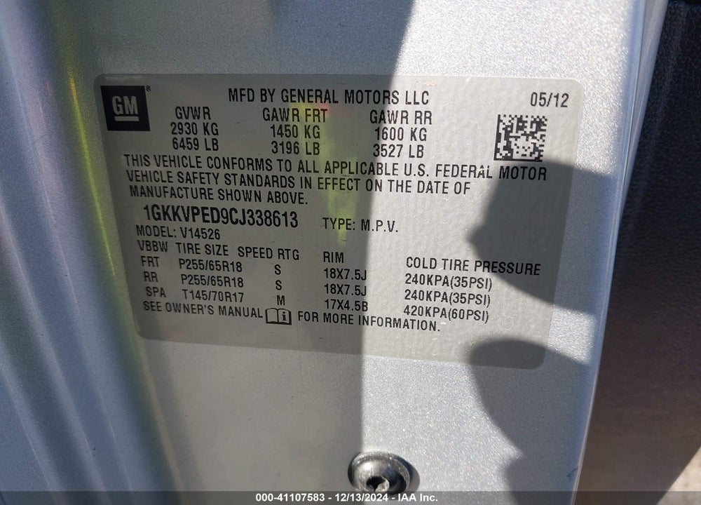 2012 GMC ACADIA SLE VIN: 1GKKVPED9CJ338613