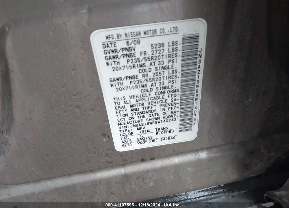2009 NISSAN MURANO LE VIN: JN8AZ18W89W140742