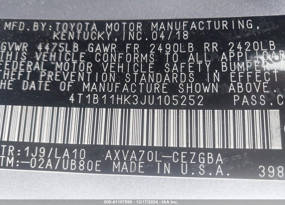 2018 TOYOTA CAMRY XLE VIN: 4T1B11HK3JU105252