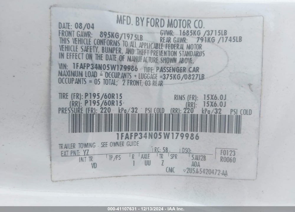 2005 FORD FOCUS ZX4 VIN: 1FAFP34N05W179986