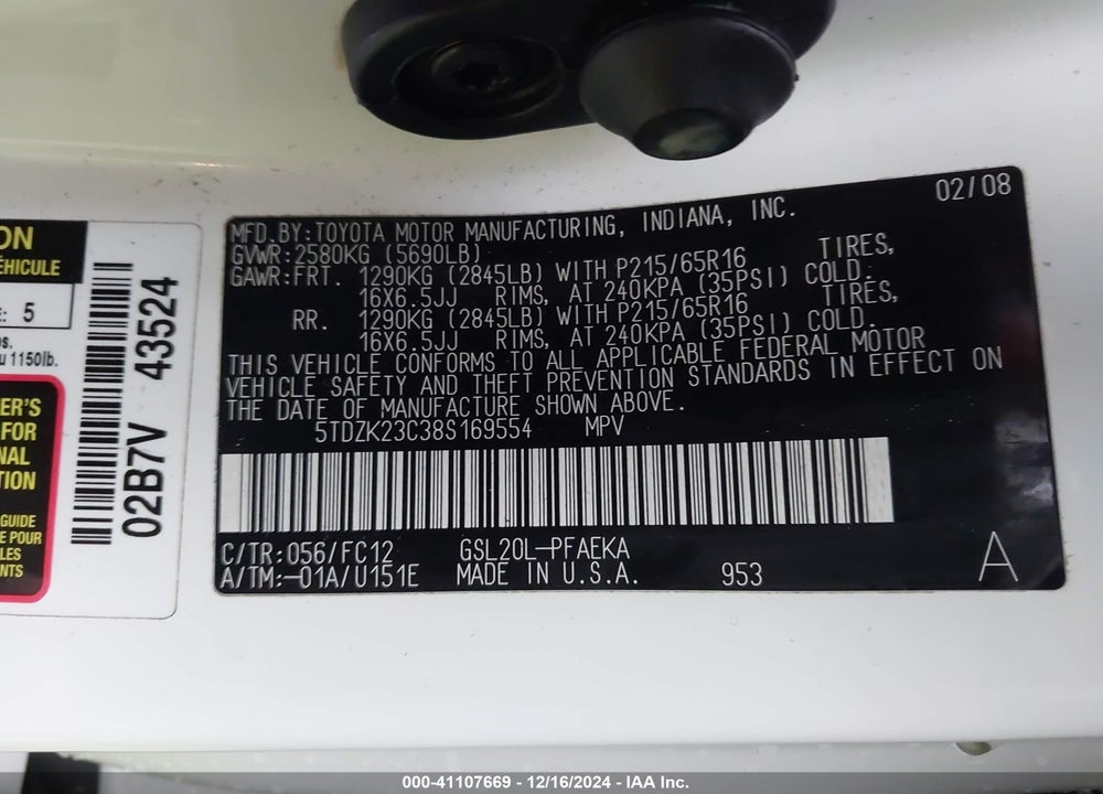 2008 TOYOTA SIENNA LE VIN: 5TDZK23C38S169554