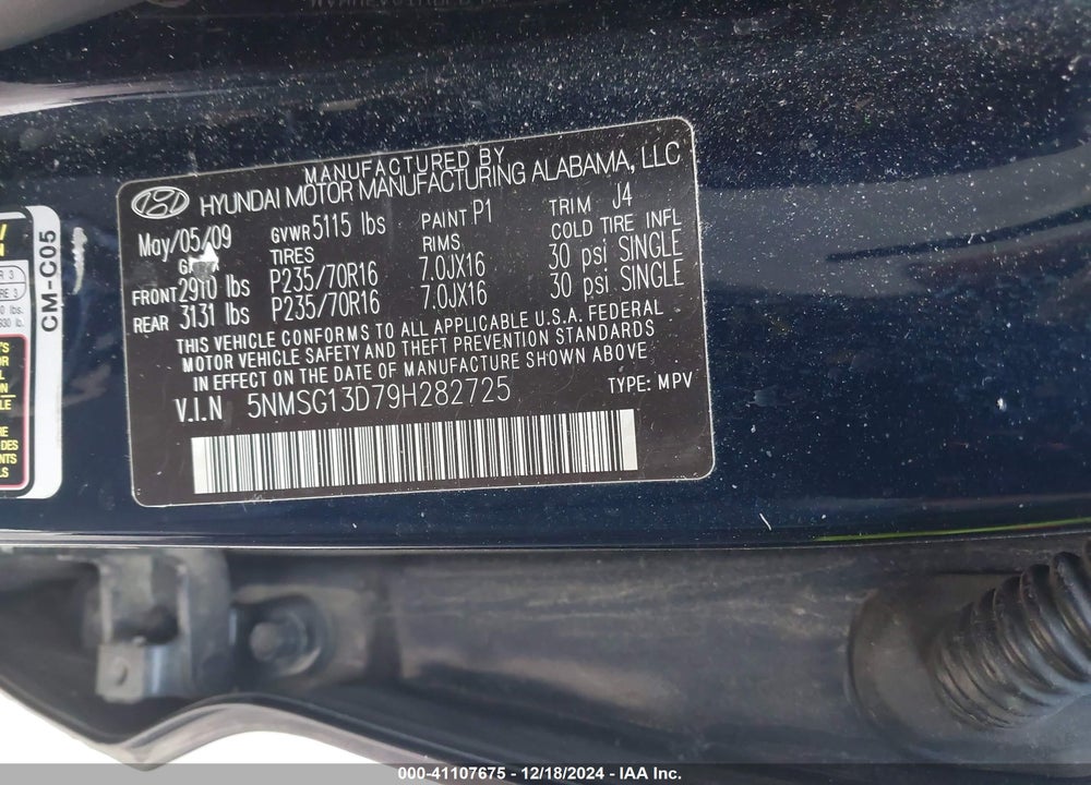 2009 HYUNDAI SANTA FE GLS VIN: 5NMSG13D79H282725