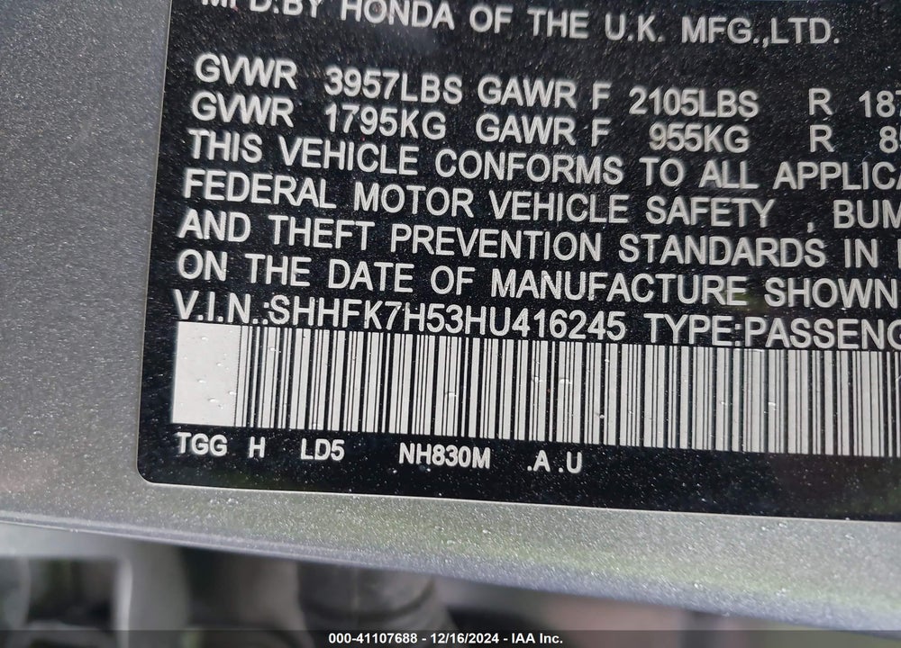 2017 HONDA CIVIC VIN: SHHFK7H53HU416245